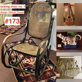 MaxSold Auction: This online auction features a Thonet bentwood rocking chair, high chair, MCM lamp, antique cranberry glass, porcelain pots, cut crystal, Asian stoneware, figural pitchers, Maastricht transferware, antique Chinese pedestal, vintage lamp, antique lute, brass items, demitasse sets, oil lamps, jewelry, antique postcards, pins, vintage paper money, electronics and much more!